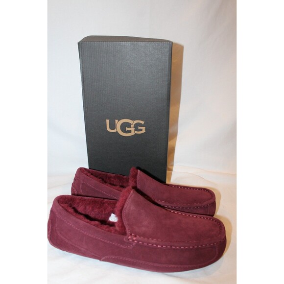 NIB UGG Men's ASCOT Suede Shearling Lined Slip On Moccasin Slippers WINE SZ 9 - Picture 3 of 5